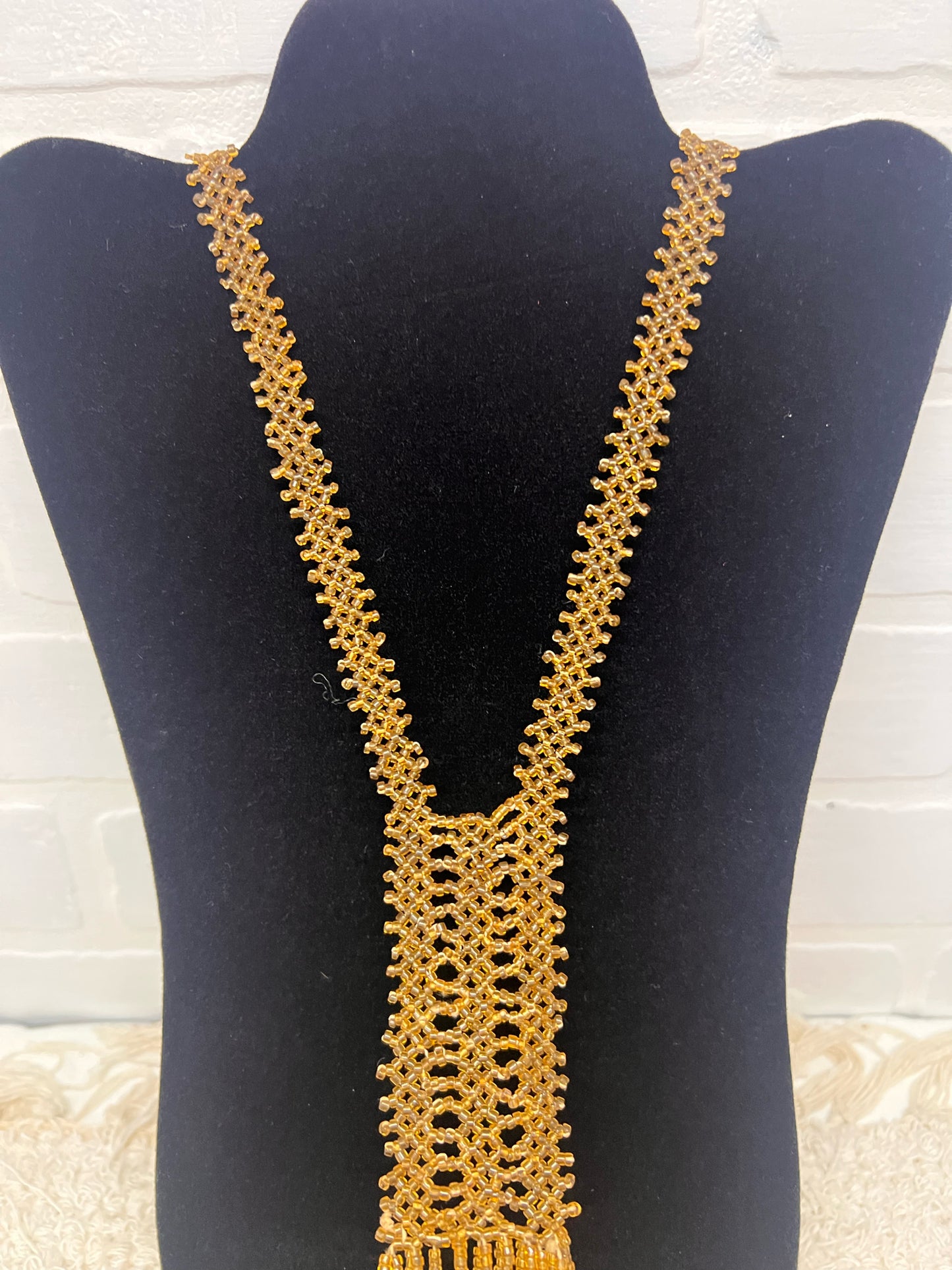 Vintage Art Deco–Style Gold Seed Bead Long Tassel Necklace | Flapper-Inspired