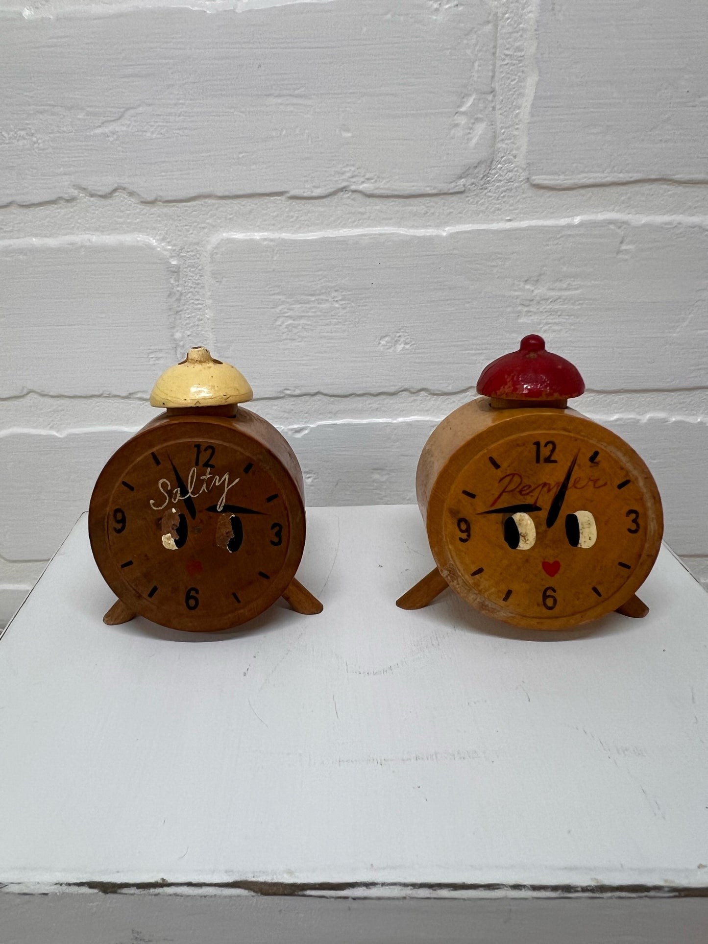 Vintage Anthropomorphic Alarm Clock Wooden Salt & Pepper Shakers