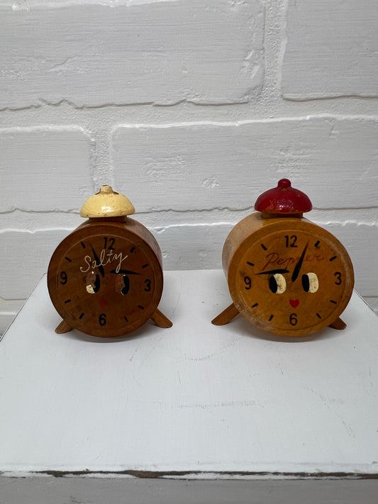 Vintage Anthropomorphic Alarm Clock Wooden Salt & Pepper Shakers