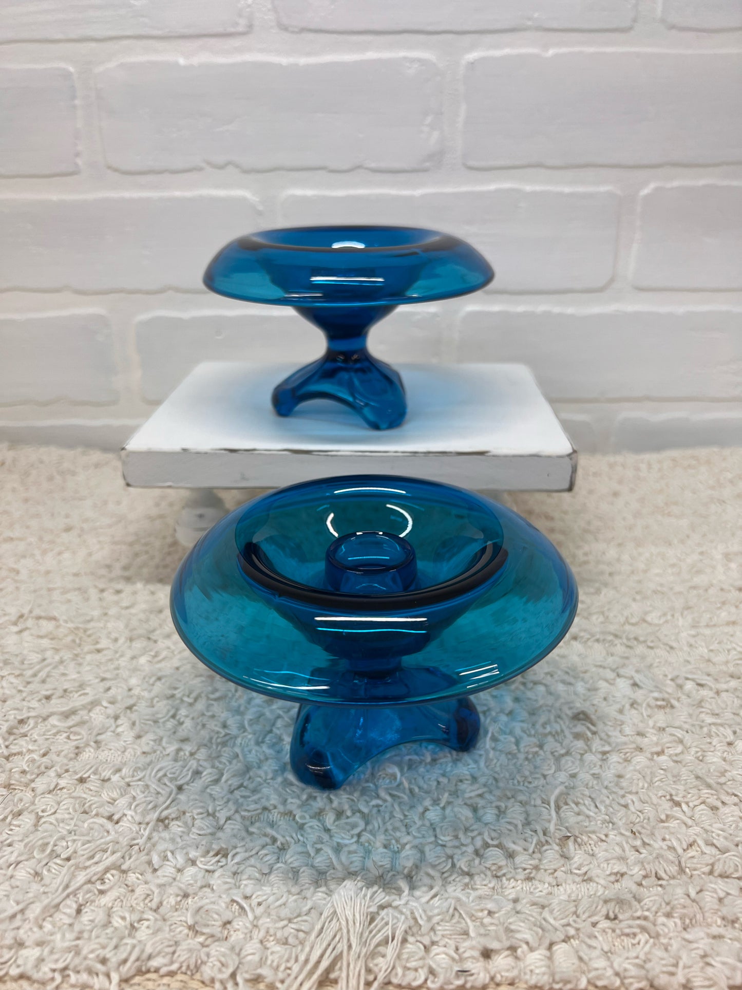 Viking Glass MCM Blue Blown Glass Taper Candle Holders (2)