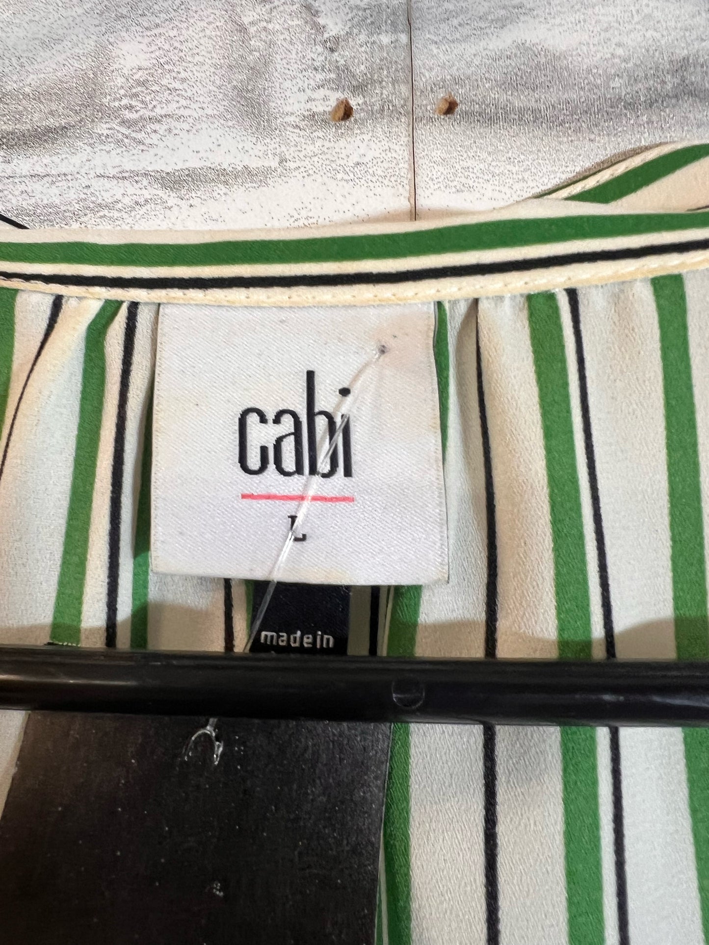 Size L CAbi Green White Blue Striped 3/4 Sleeve Blouse