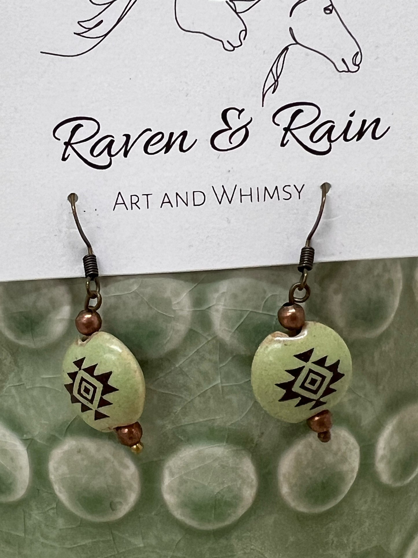 Southwest Style Ceramic Bead Dangle Earrings - Green, 1"