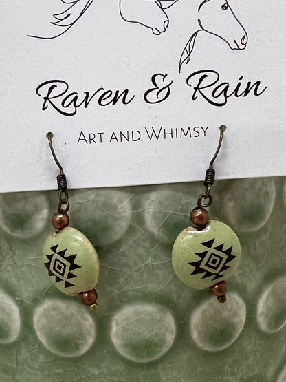 Southwest Style Ceramic Bead Dangle Earrings - Green, 1"