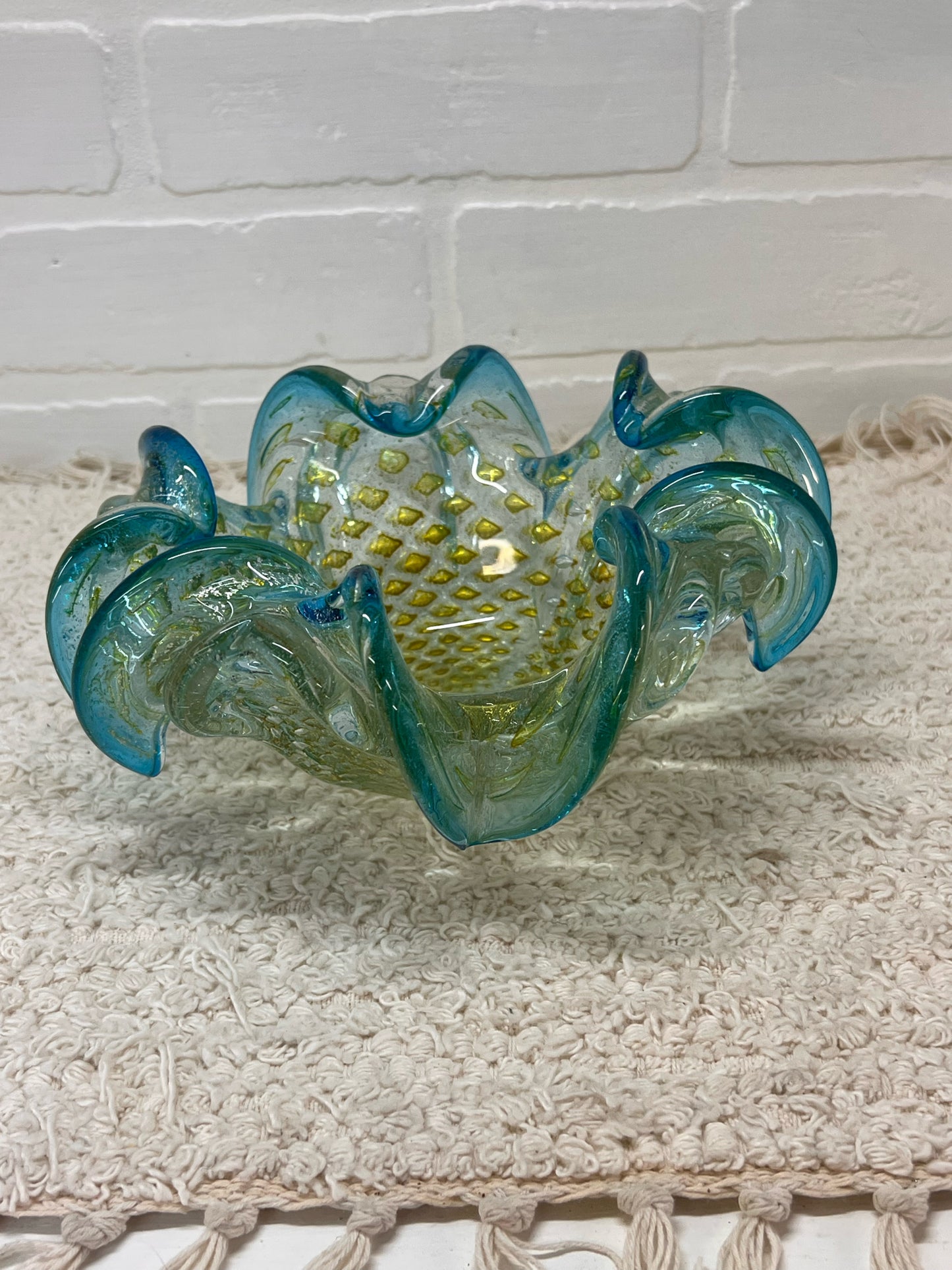 Murano/Murano Style Bollinato Blue & Gold Art Glass Bowl