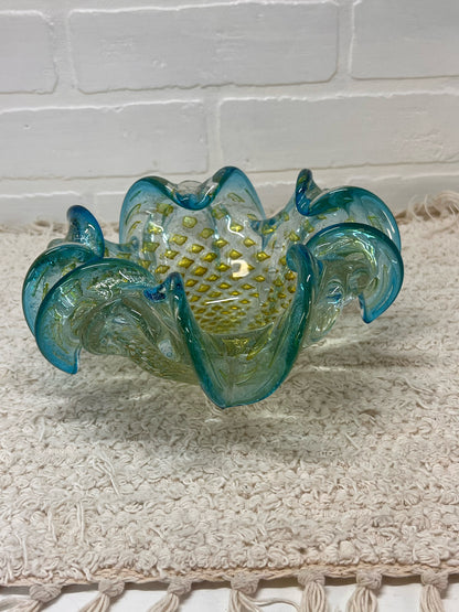 Murano/Murano Style Bollinato Blue & Gold Art Glass Bowl