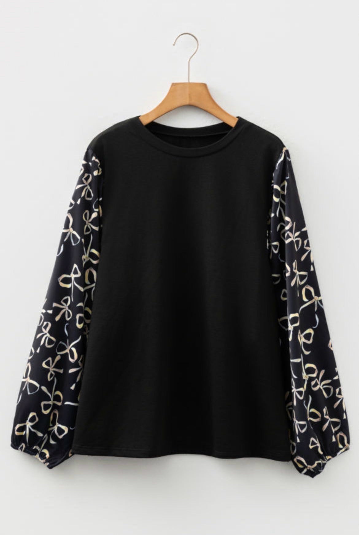 Black Bow Knot Patchework Crewneck Blouse 1X- 2X- 3X