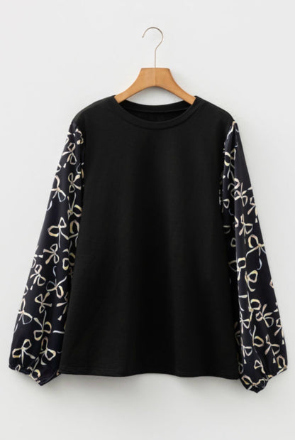 Black Bow Knot Patchework Crewneck Blouse 1X- 2X- 3X