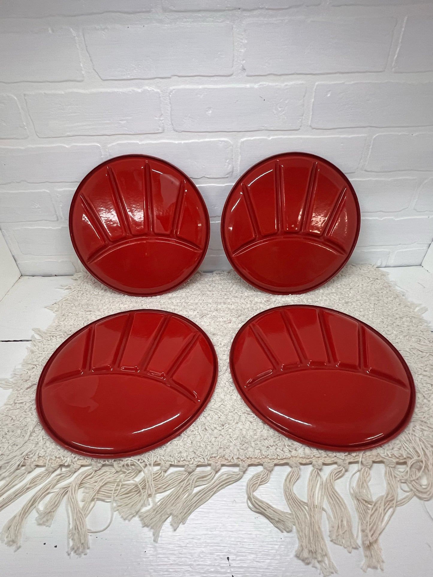 Set of 4 Vintage Red Enamelware Plates - Divided