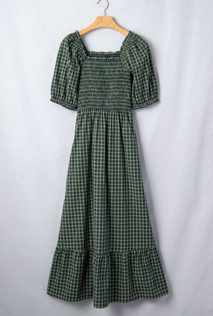 Green Plaid Square Neck Shirred High Wast Dress w/ Ruffle Hem