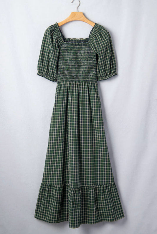 Green Plaid Square Neck Shirred High Wast Dress w/ Ruffle Hem