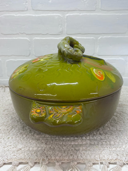 Pacific Stoneware 1970's Floral Rams Head Capricorn Casserole