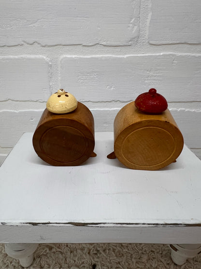 Vintage Anthropomorphic Alarm Clock Wooden Salt & Pepper Shakers