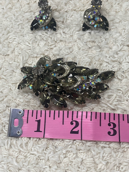 Vintage smoky glass stone/AB rhinestone pin & earrings set