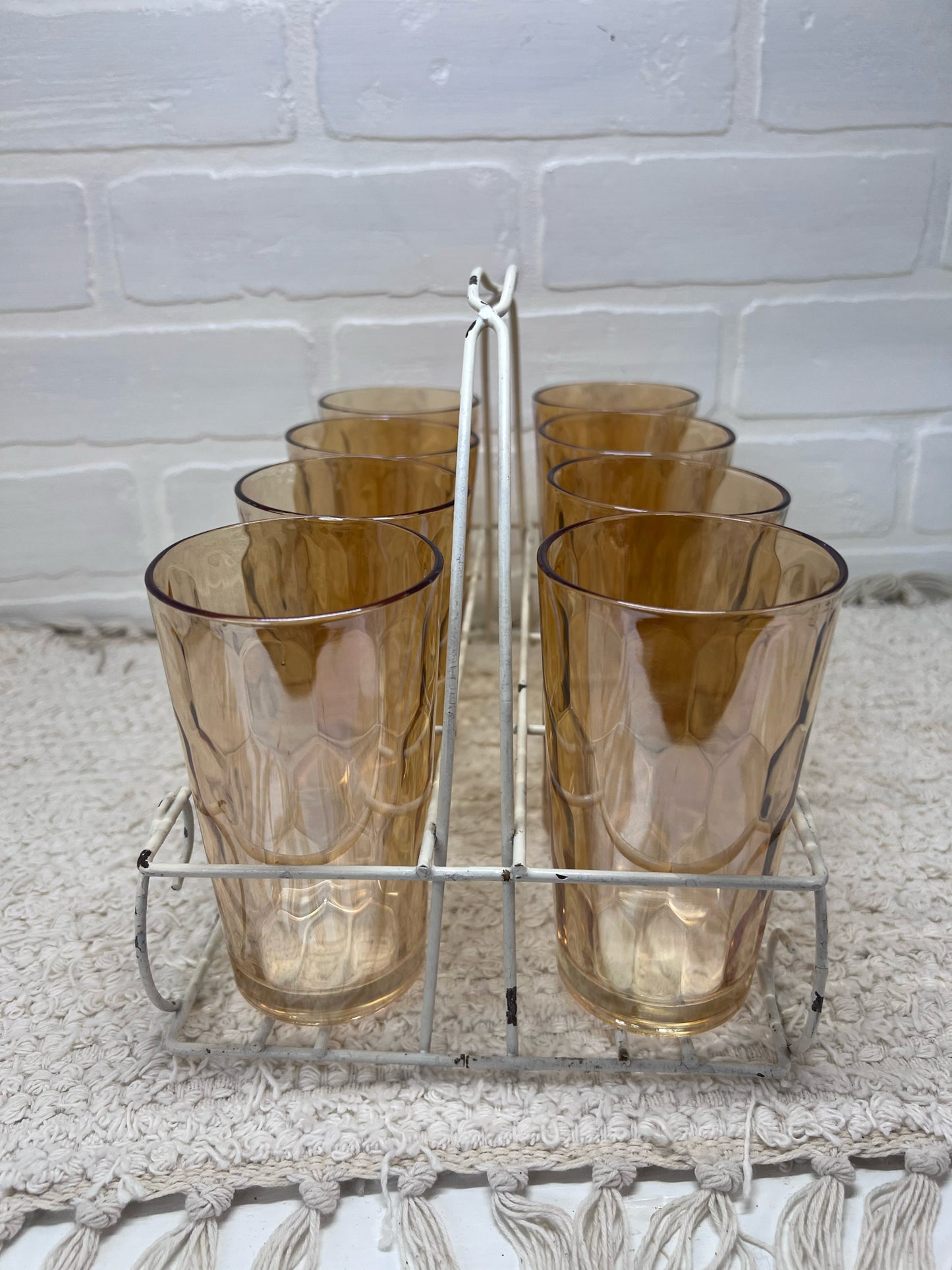 Jeannette Glass Glass set 8 orange glasses in caddy