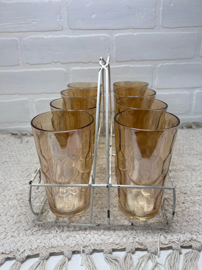 Jeannette Glass Glass set 8 orange glasses in caddy