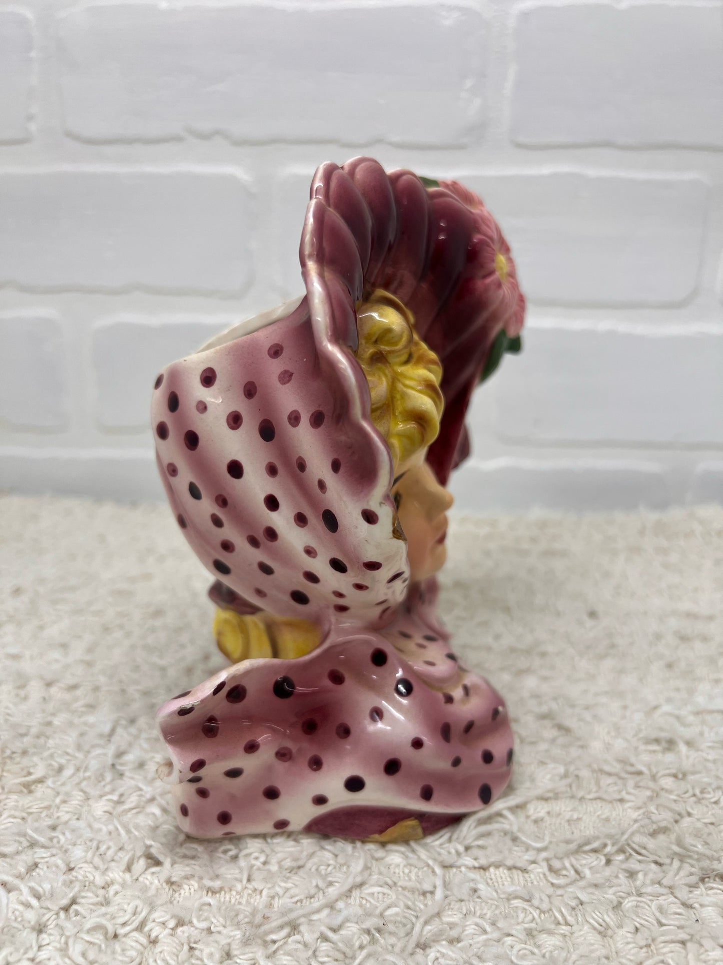 Ucagco Japan Vintage Lady Head Vase Southern Belle Pink Polka Dot