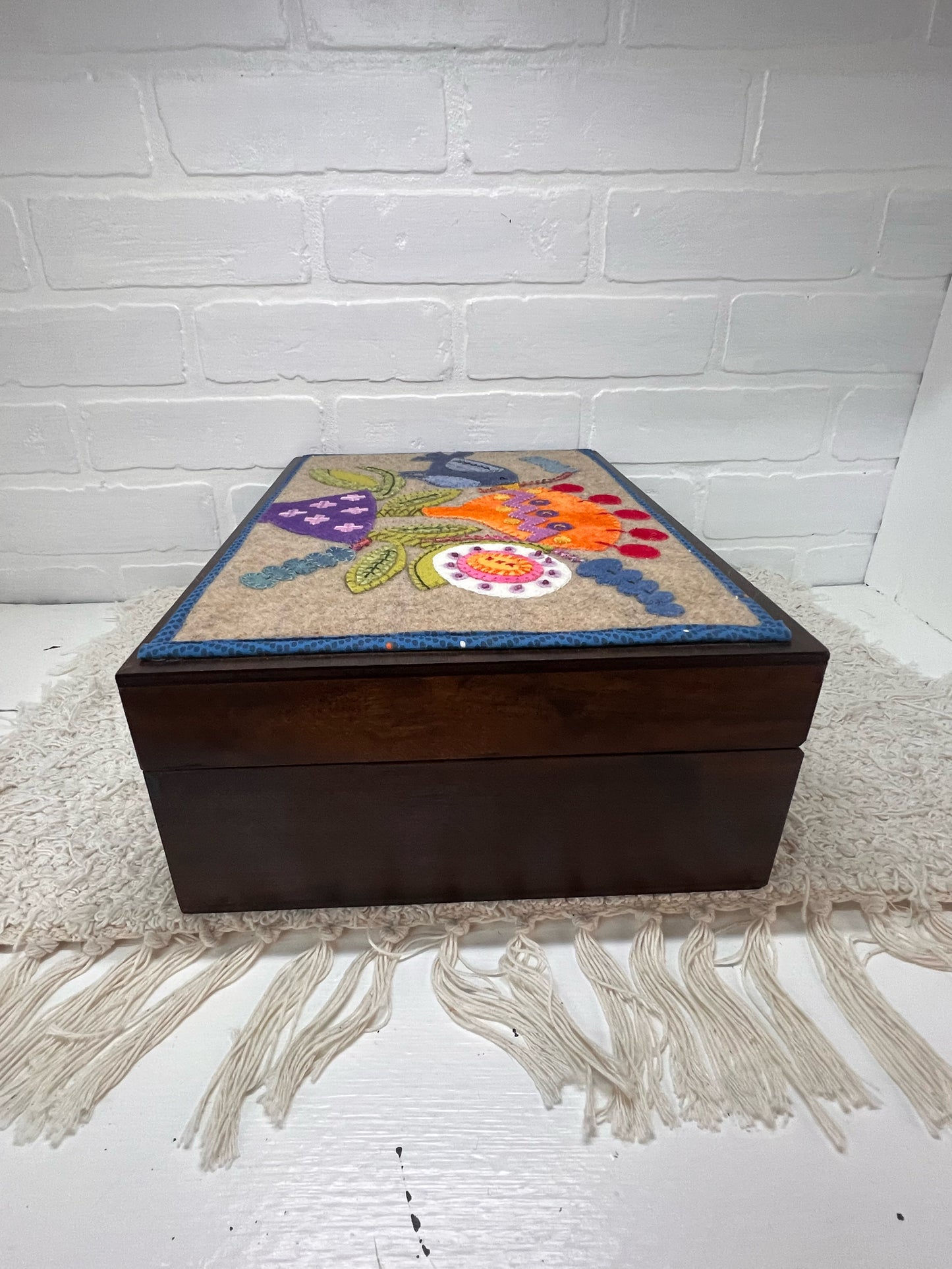 Vintage Custom Wood Sewing Box with Felt Top Bird/Floral Design