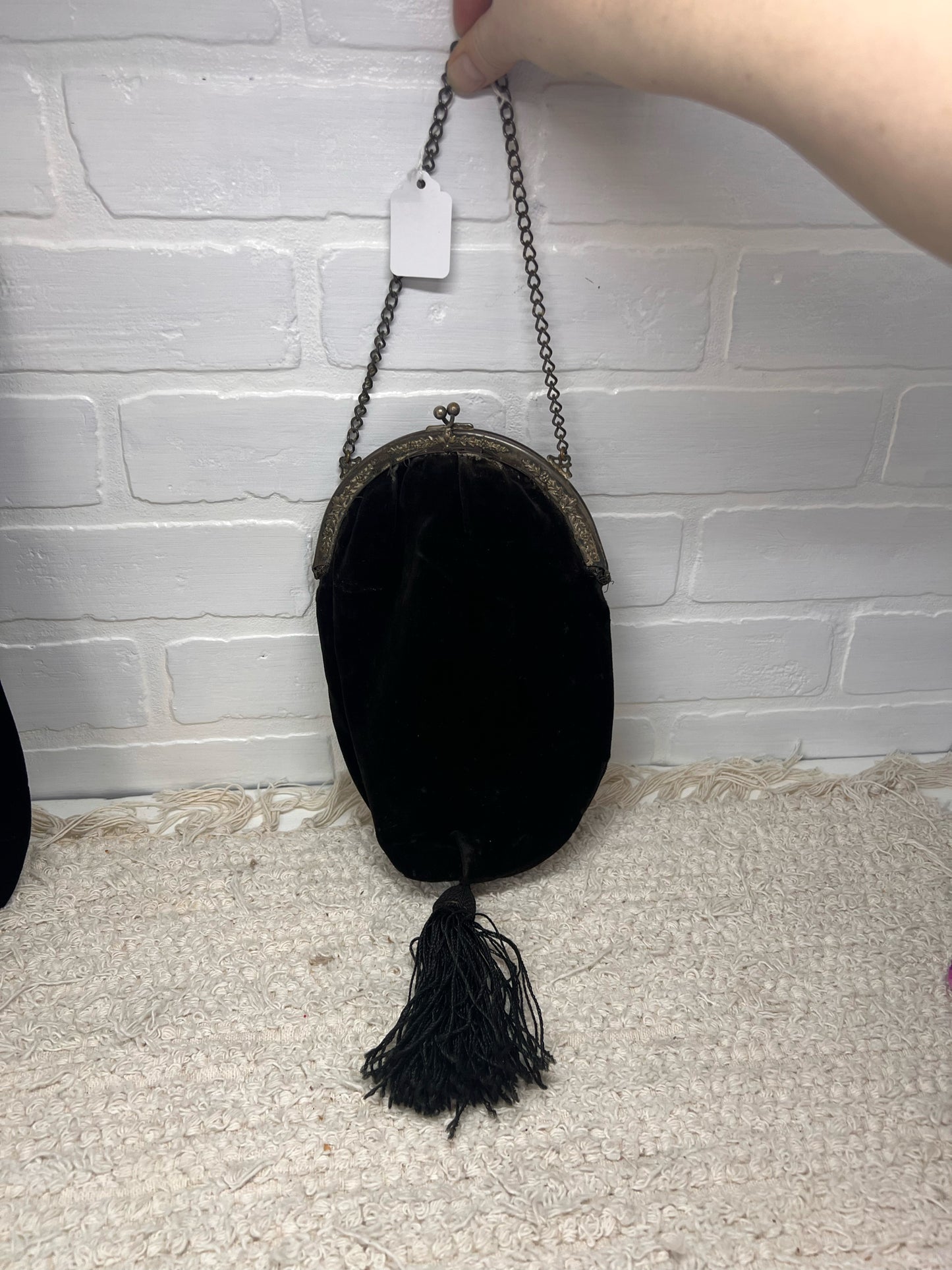Vintage Black Velvet Tassel Purse with Ornate Silvertone Frame & Chain Handle