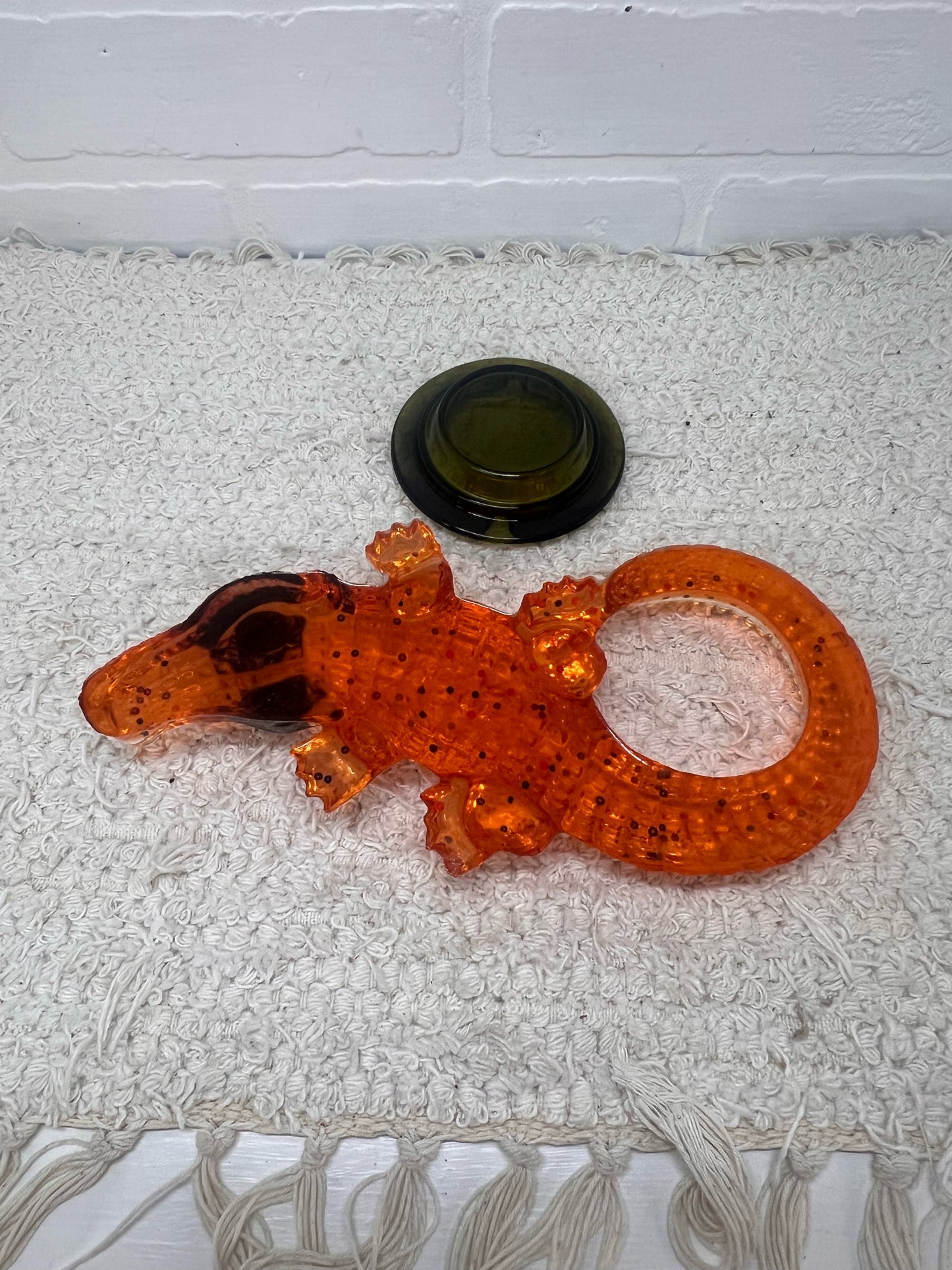 Vintage Lucite Alligator Ashtray - Orange Lucite with Green Glass Insert