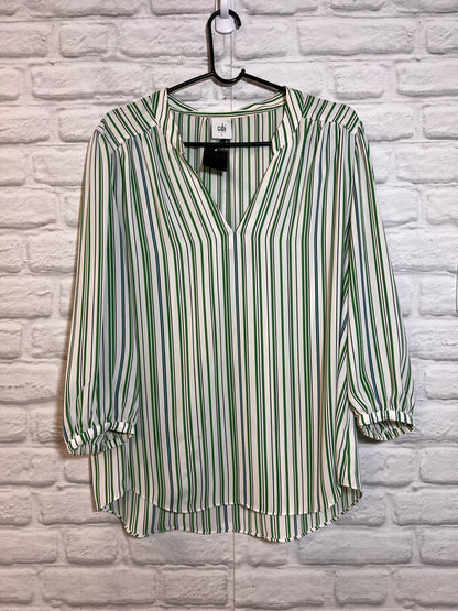 Size L CAbi Green White Blue Striped 3/4 Sleeve Blouse
