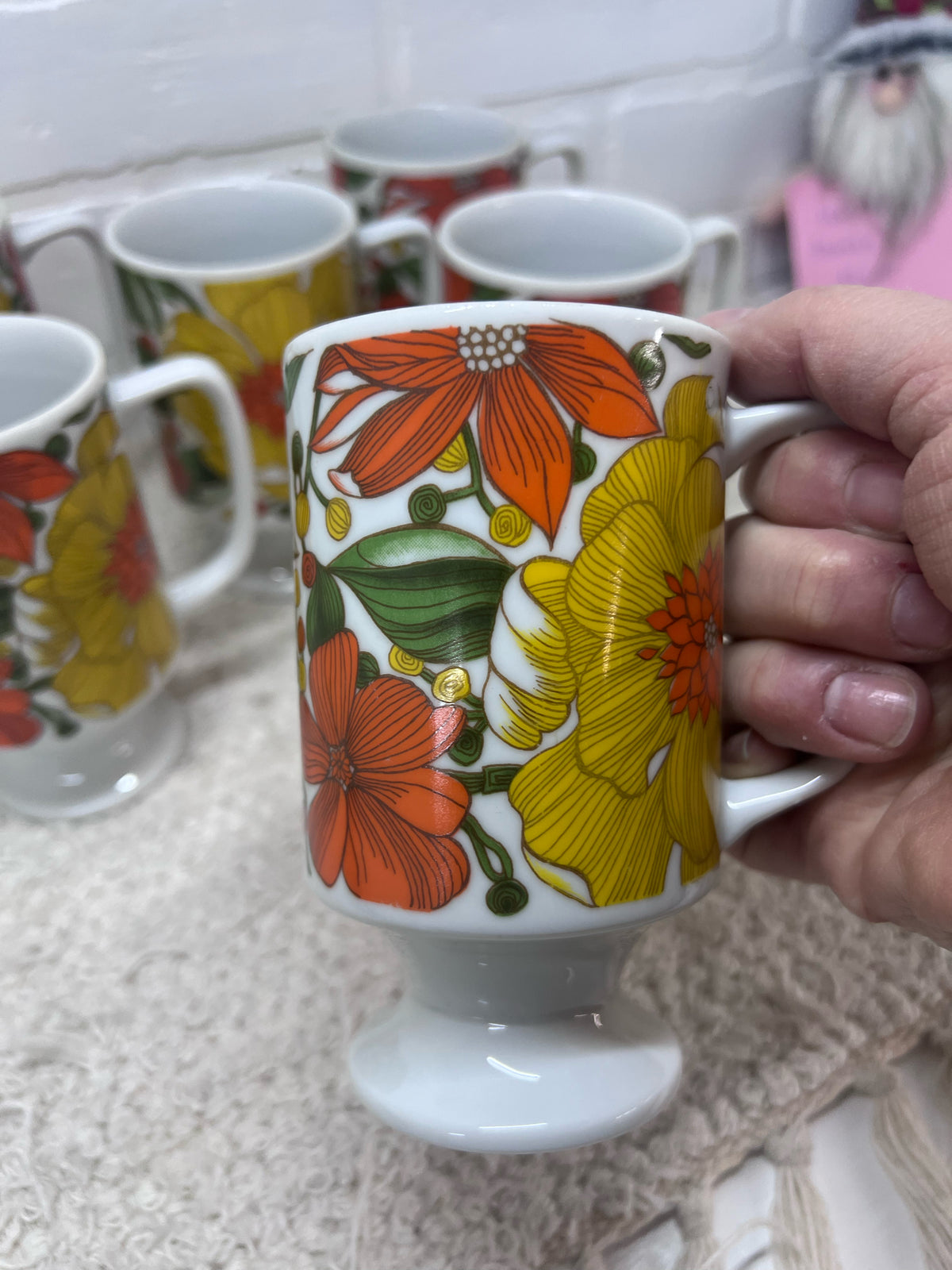 Set of 6 Circa 1970's Mod Flower Pedestal Mugs - Good Wood, Japan
