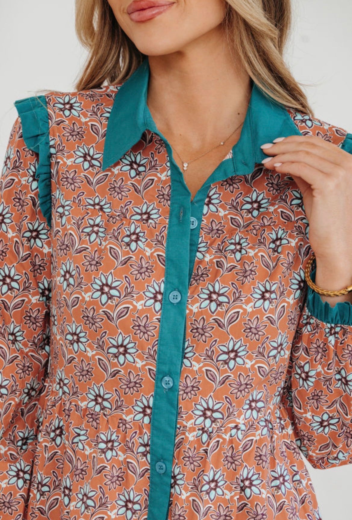 Orange Floral Contrast Collared Shirt Mini Dress