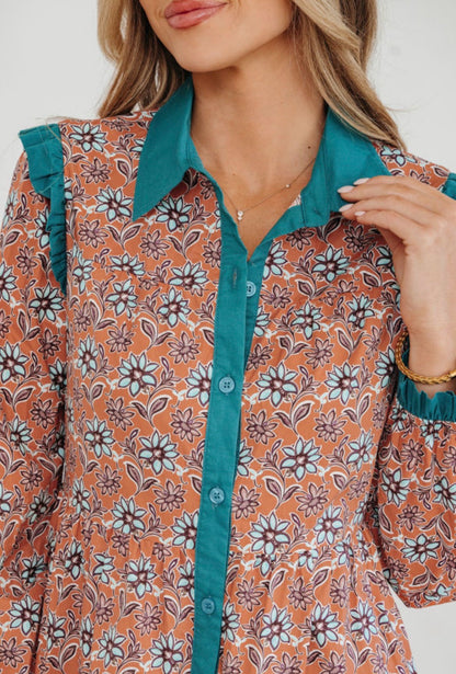 Orange Floral Contrast Collared Shirt Mini Dress