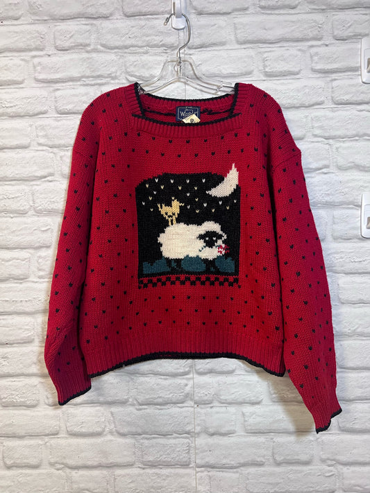Size L Vintage 1980s Woolrich Red Wool Sweater w/ Sheet, Chicken & Moon Design