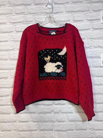 Size L Vintage 1980s Woolrich Red Wool Sweater w/ Sheet, Chicken & Moon Design