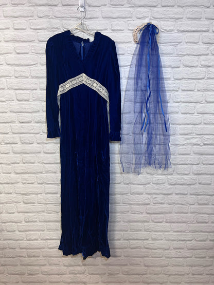 Circa 1970's Blue Velvet Bridesmaids Dress w/ Original Headpiece & Lace Sash