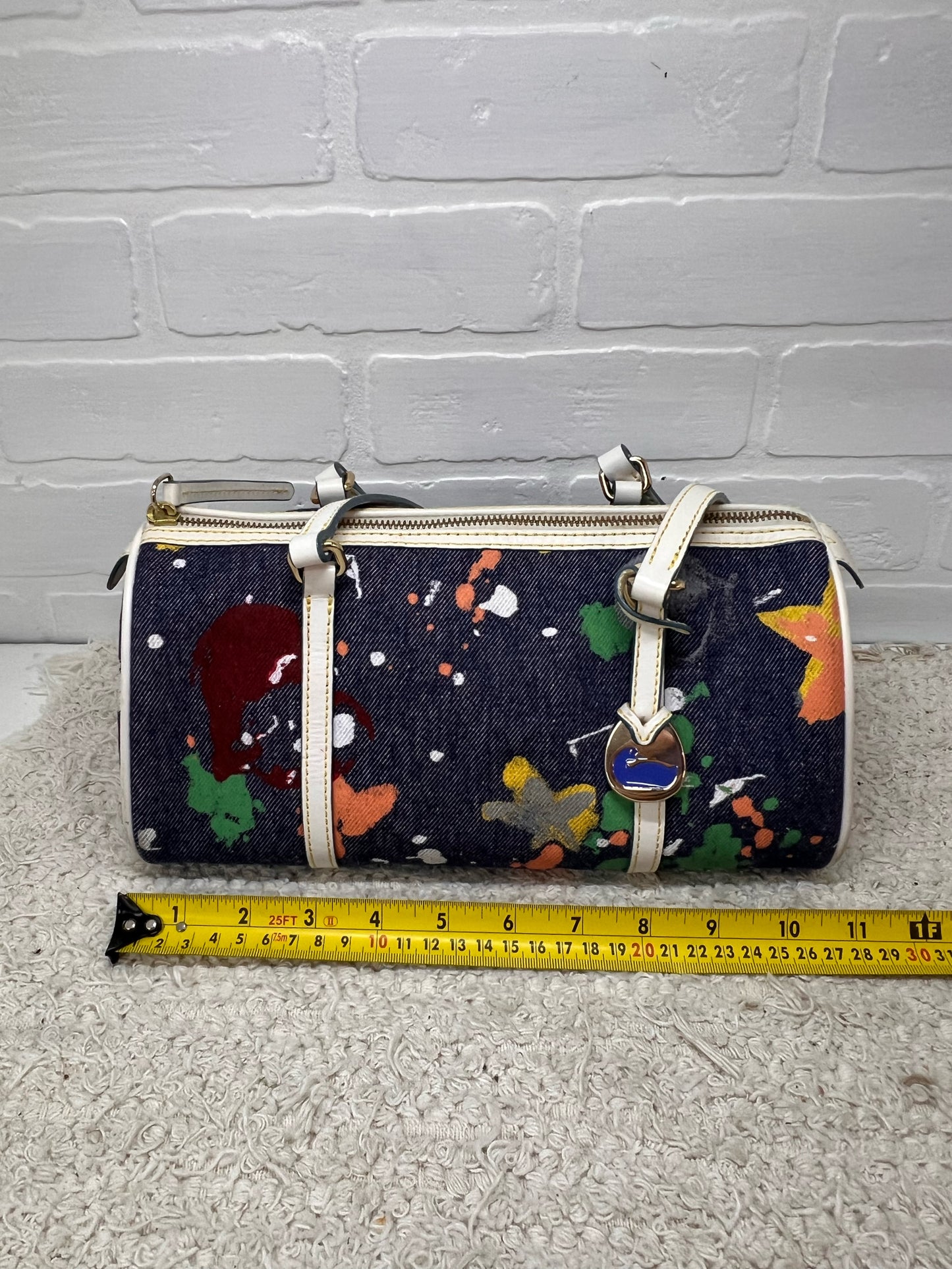 Dooney & Bourke Y2K Era Denim Paint Spatter Barrel Bag w/ Leather Trim