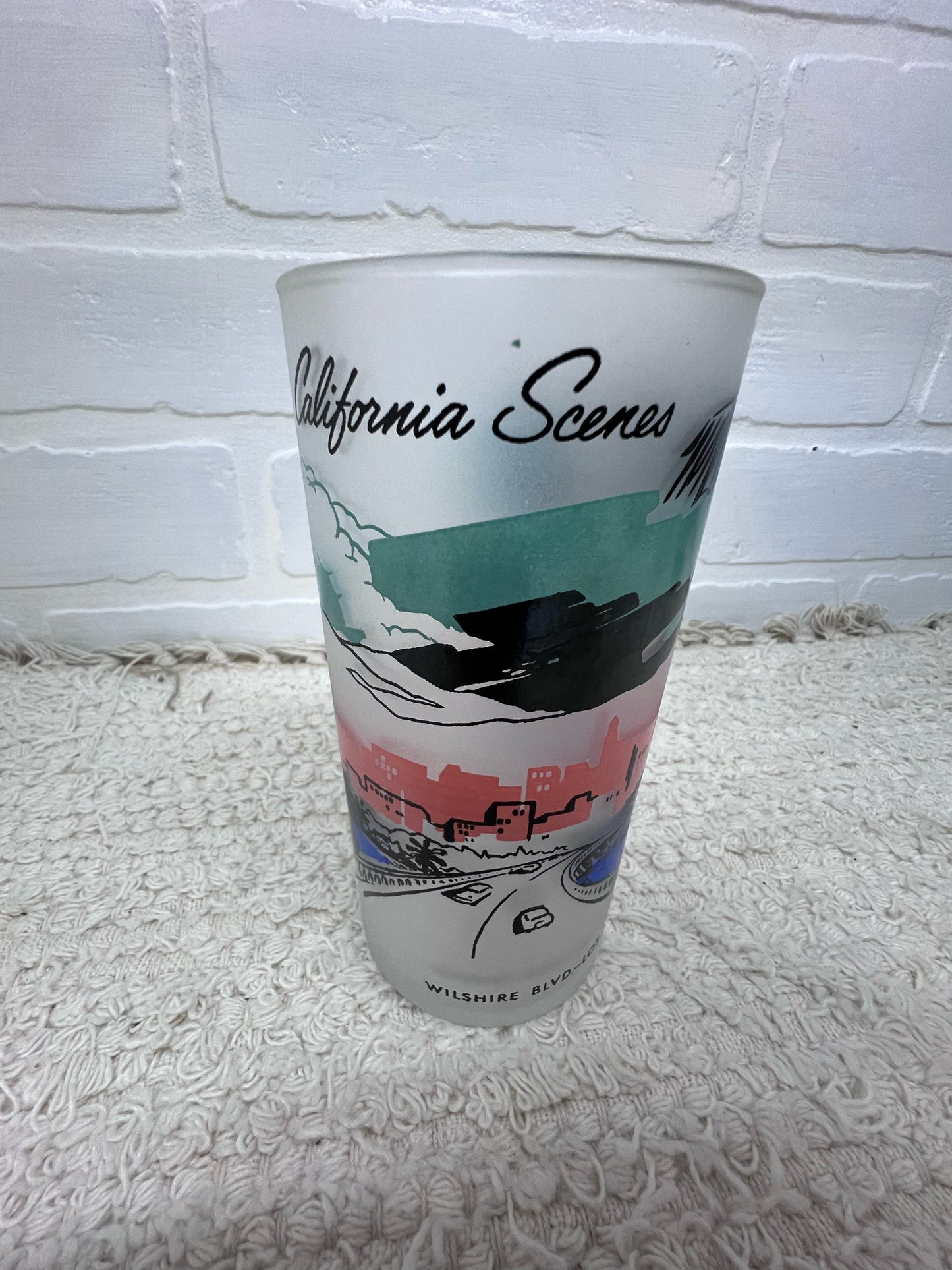 Vintage California Scenes Frosted Glasses Set of 8 Original Wire Carrier MCM Bar