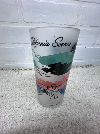 Vintage California Scenes Frosted Glasses Set of 8 Original Wire Carrier MCM Bar