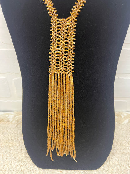 Vintage Art Deco–Style Gold Seed Bead Long Tassel Necklace | Flapper-Inspired