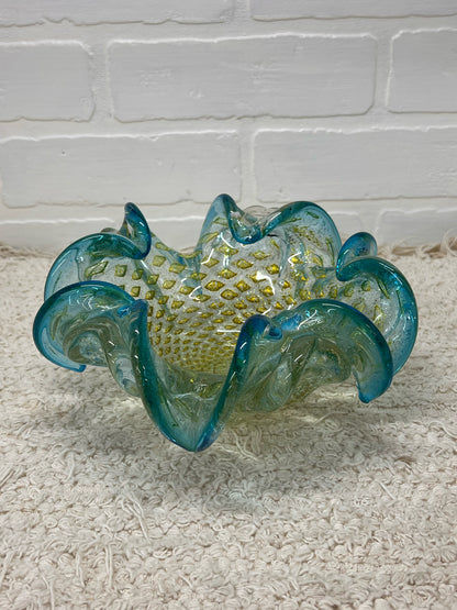 Murano/Murano Style Bollinato Blue & Gold Art Glass Bowl