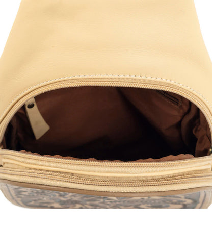Myra Glorietta Sling Bag – Light Camel Leather with Hand-Tooled Panel, Adjustable Canvas Strap, Crossbody Sling
