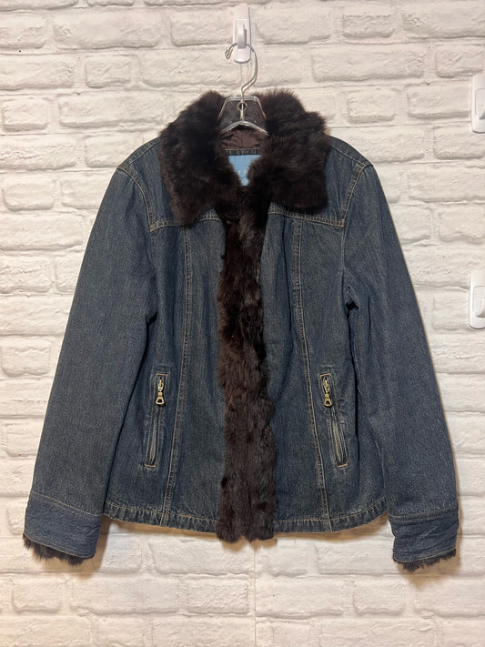 Size L Nine West Rabbit Fur Trimmed Denim Jacket w/ Quilted Lining
