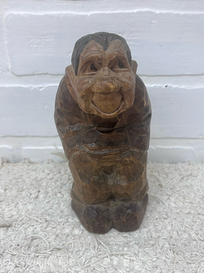 Vintage Hand Carved Wooden Troll Signed DAM - 6" Scandinavian Folk ARt