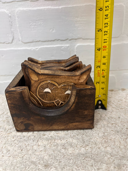 Vintage Wood Owl Coaster Set - Made in India - 6 coasters in box