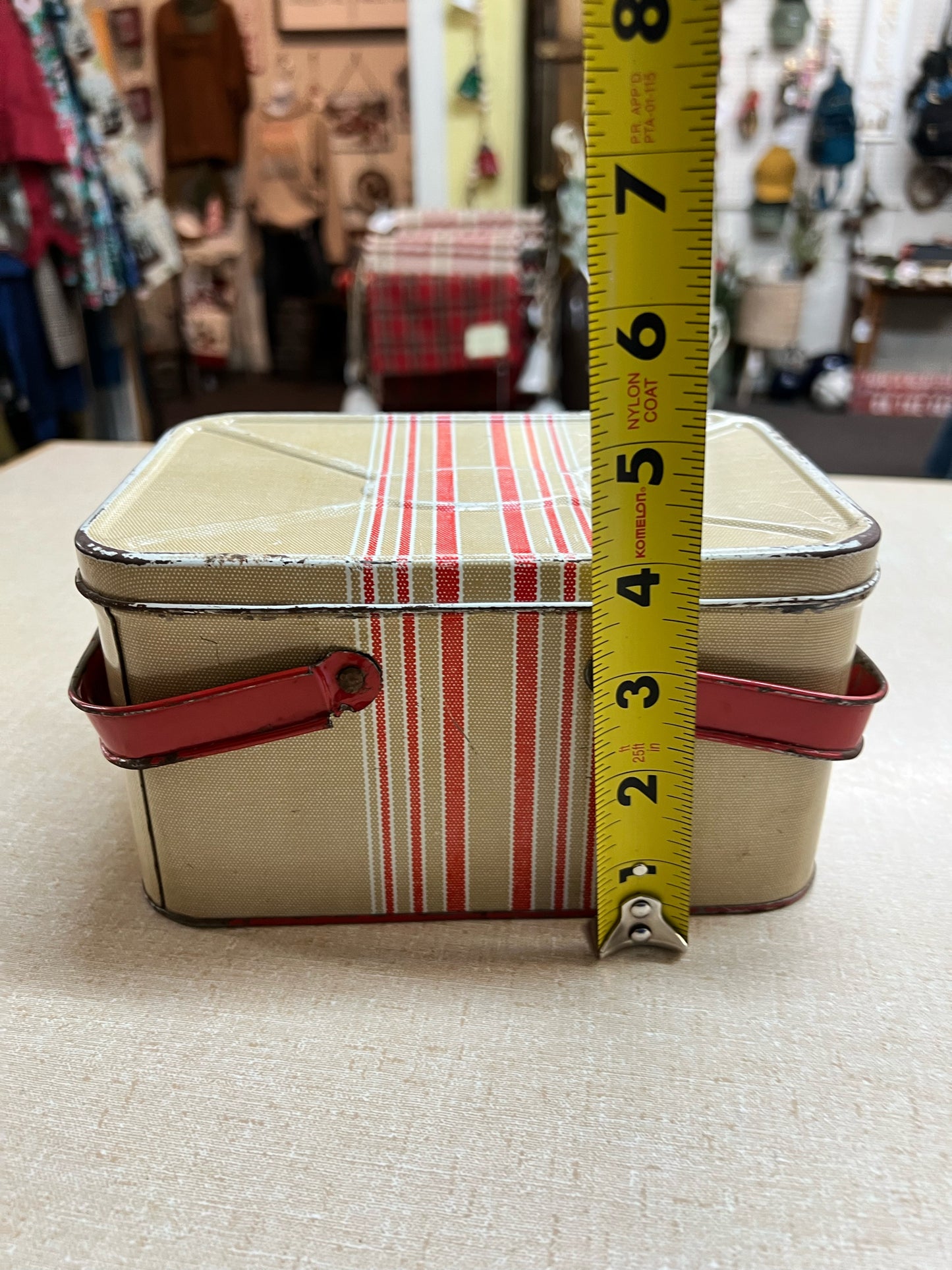 Vintage striped metal lunch tin/mini picnic basket