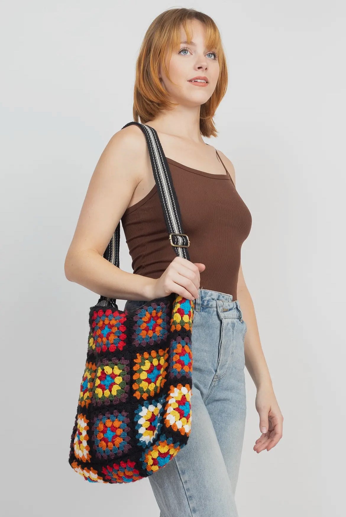 Patchwork Granny Square Shoulder Bag - Black