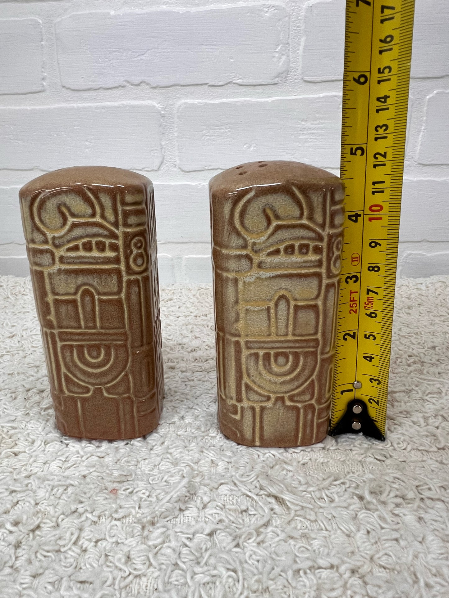 Frankoma Pottery Salt & Pepper Shaker Set in Aztec Mayan Pattern
