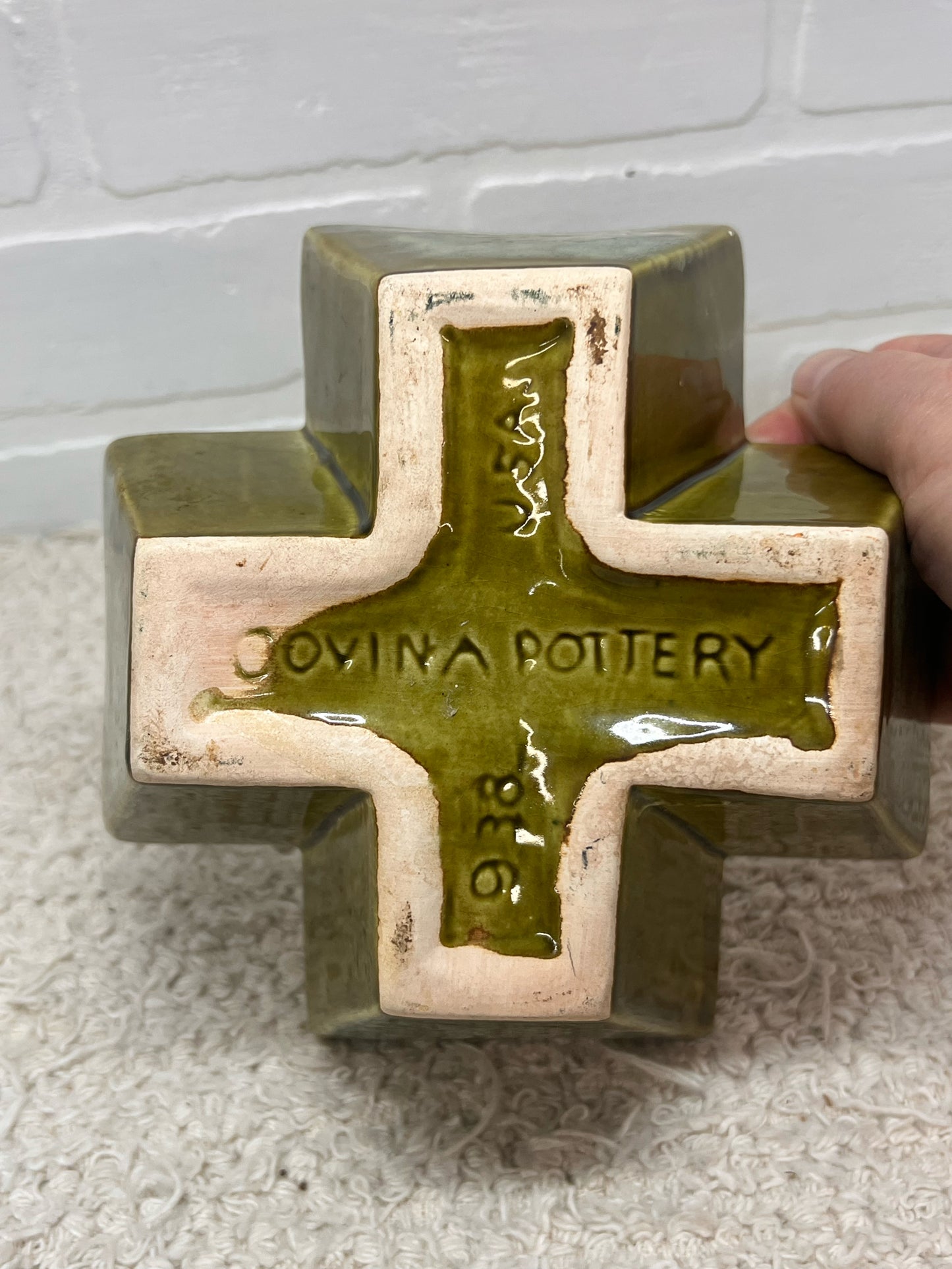 Covina Pottery Dark Green Glaze Mid-Century Cross Shaped Planter