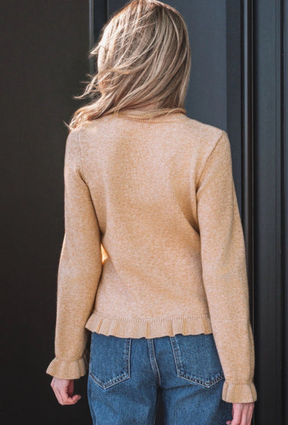 Oatmeal Ruffle Trim Gold Button Cardigan Sweater