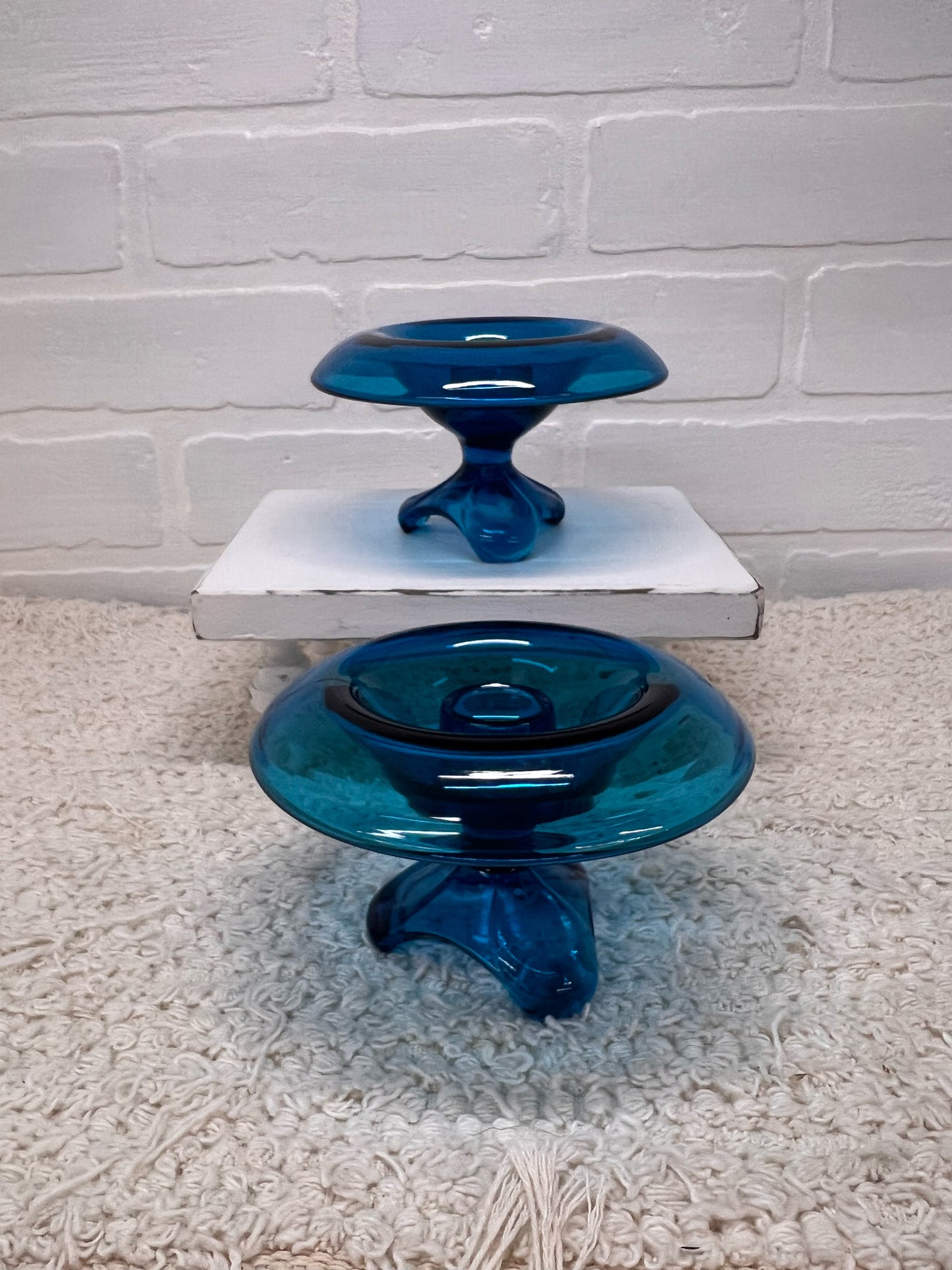 Viking Glass MCM Blue Blown Glass Taper Candle Holders (2)