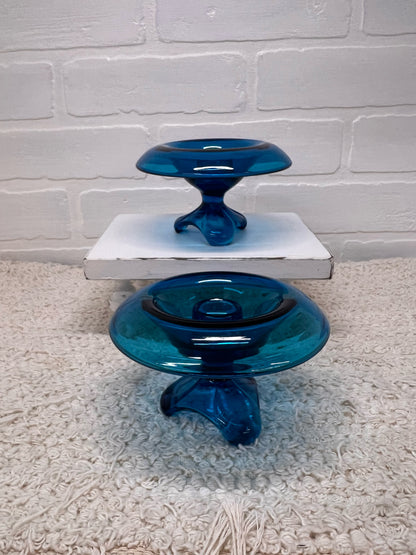 Viking Glass MCM Blue Blown Glass Taper Candle Holders (2)