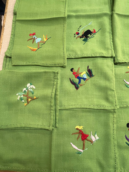 Vintage Mid-Century Embroidered Napkin Souvenir Set -Green Embroidered