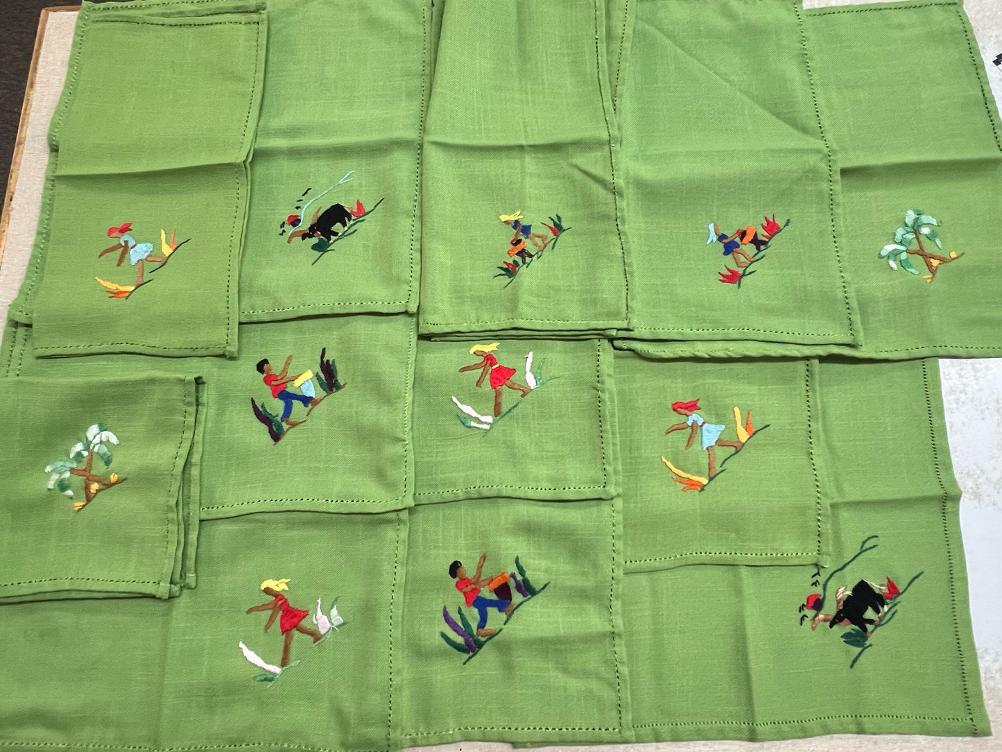 Vintage Mid-Century Embroidered Napkin Souvenir Set -Green Embroidered