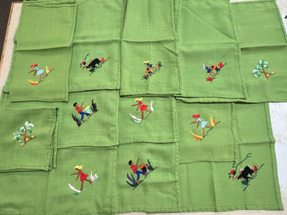 Vintage Mid-Century Embroidered Napkin Souvenir Set -Green Embroidered