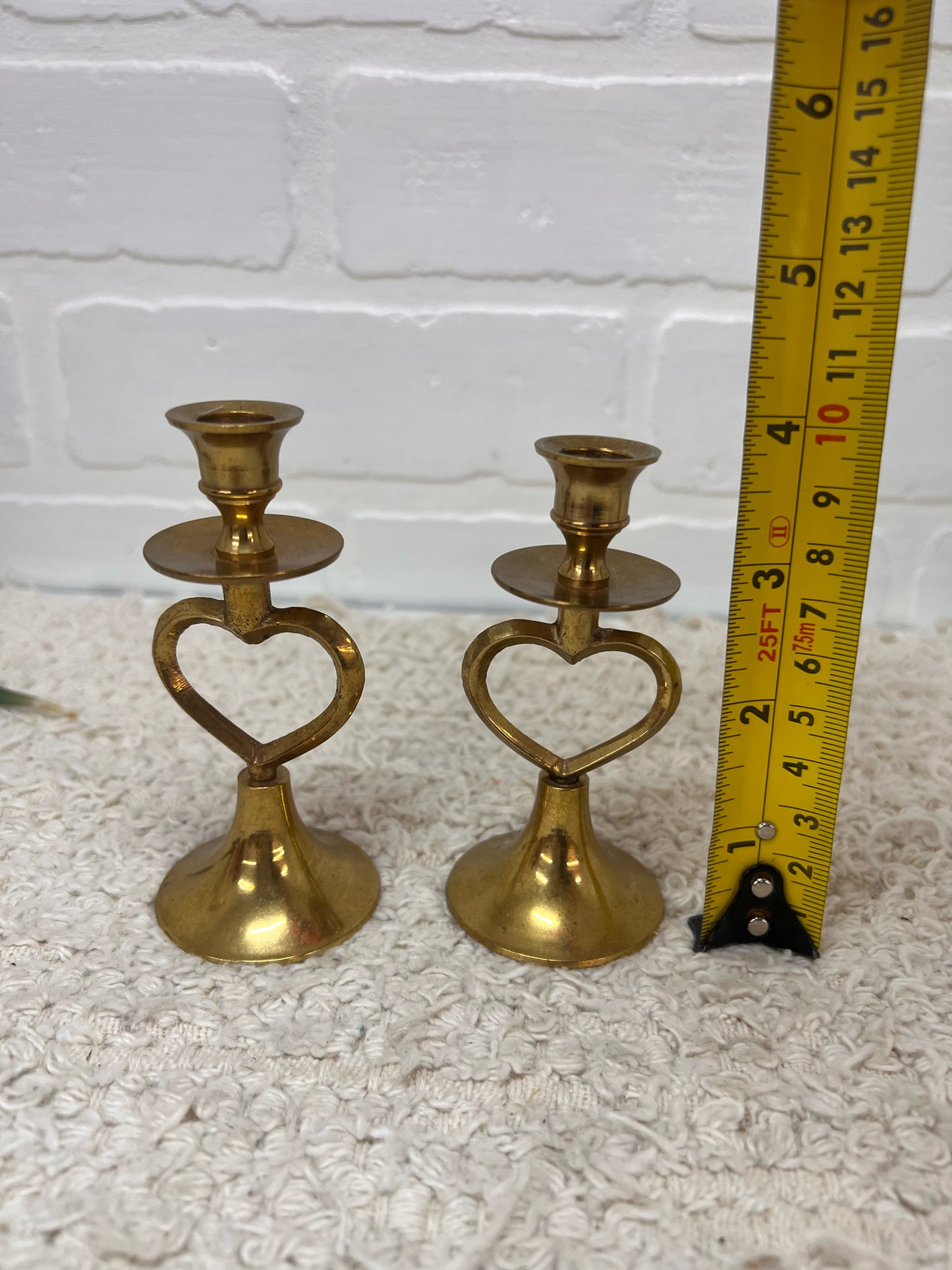Set of 2 Small Brass Open Heart Design Candlestick Holders